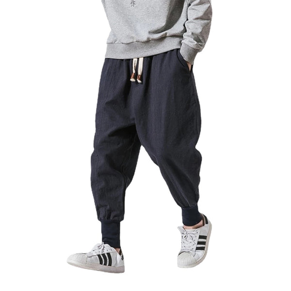 Cotton Linen Harem Pants Men Solid Elastic Waist Streetwear Joggers 2022 New Baggy Drop-crotch Pants Casual Trousers Men