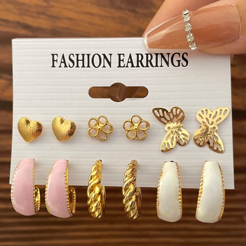 17KM Bohemian Gold Color Pearl Earrings Set For Women Girls 27 Styles Butterfly Acrylic Resin Hoop Earring Brincos Party Jewelry