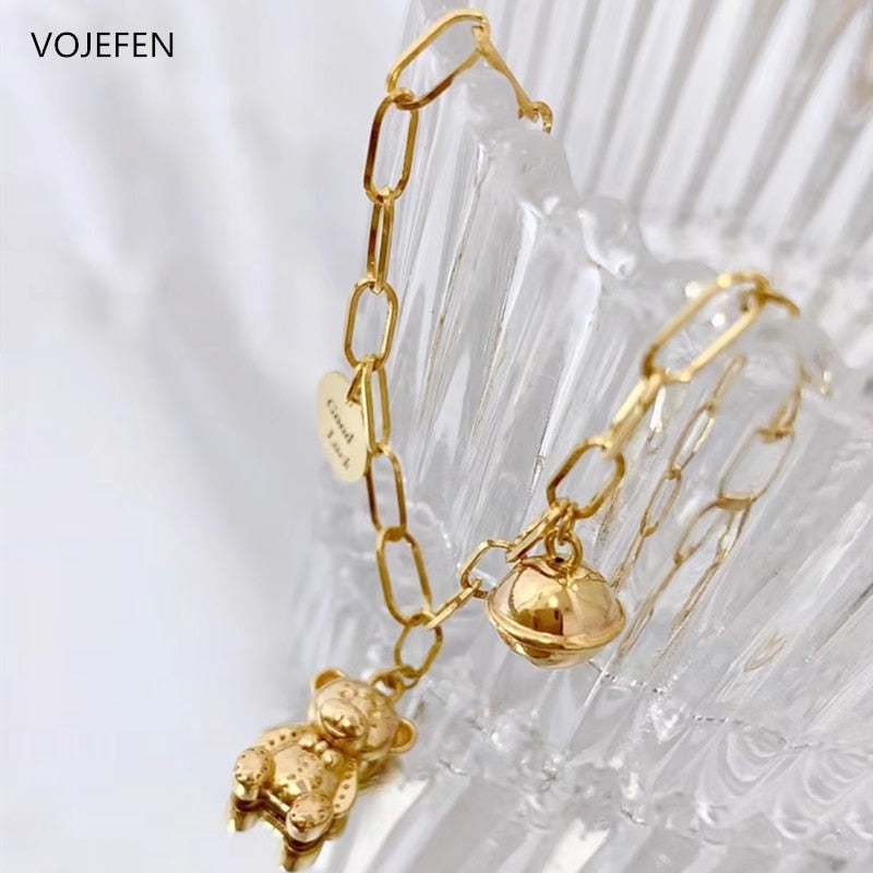 VOJEFEN Genuine 18k Pure Gold Pendants Bracelet Luxury Bear and Bell Lucky Tag Jewelry AU750 Chains Women&