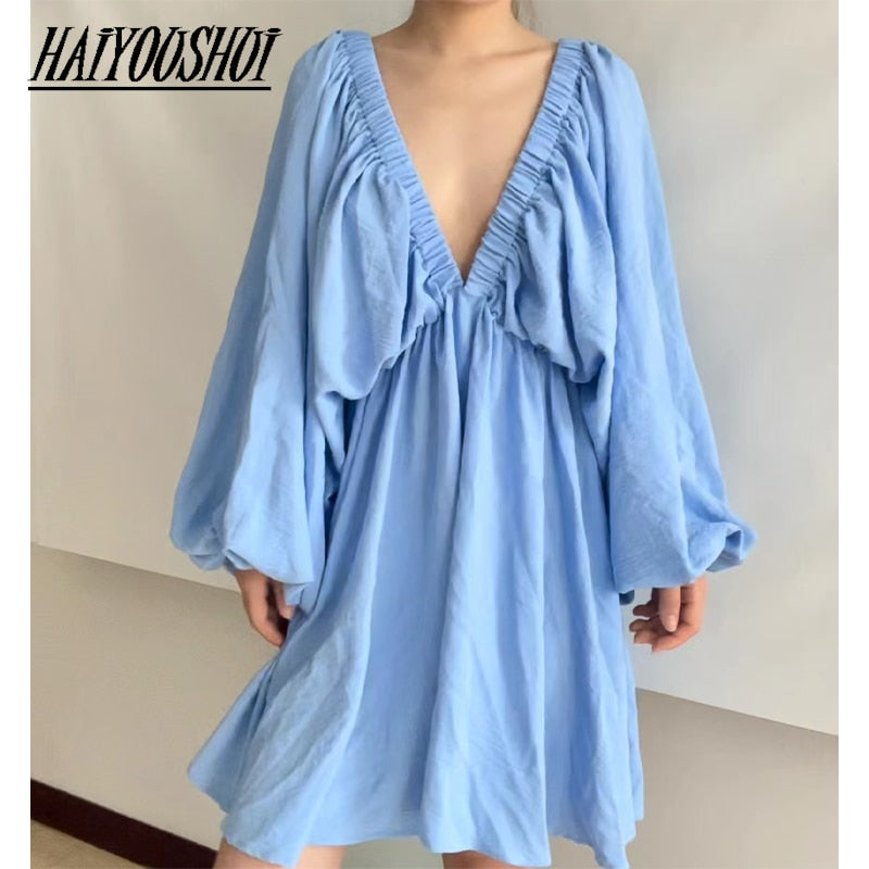 Sexy Low Cut Green Pleated Dresses Backless Lantern Sleeve Streetwear A-Line Autumn Dress Woman V-Neck High Waist Casual