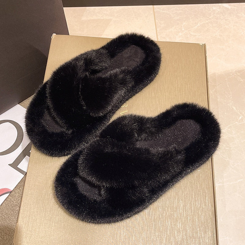 Shoes for Women 2022 New Fluffy Fur Slippers Women Winter Warm Solid Color Versatile Lovely Casual Footwear Soft Chinelos Planos