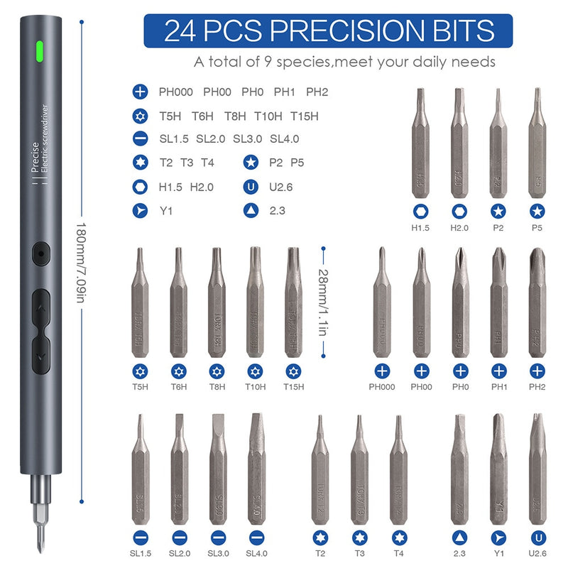 Precision Electric Screwdriver 24 Pcs S2 Alloy Steel Bit Screwdrivers Type-C Fast Charging Screwdriver Set Repair Power Tools