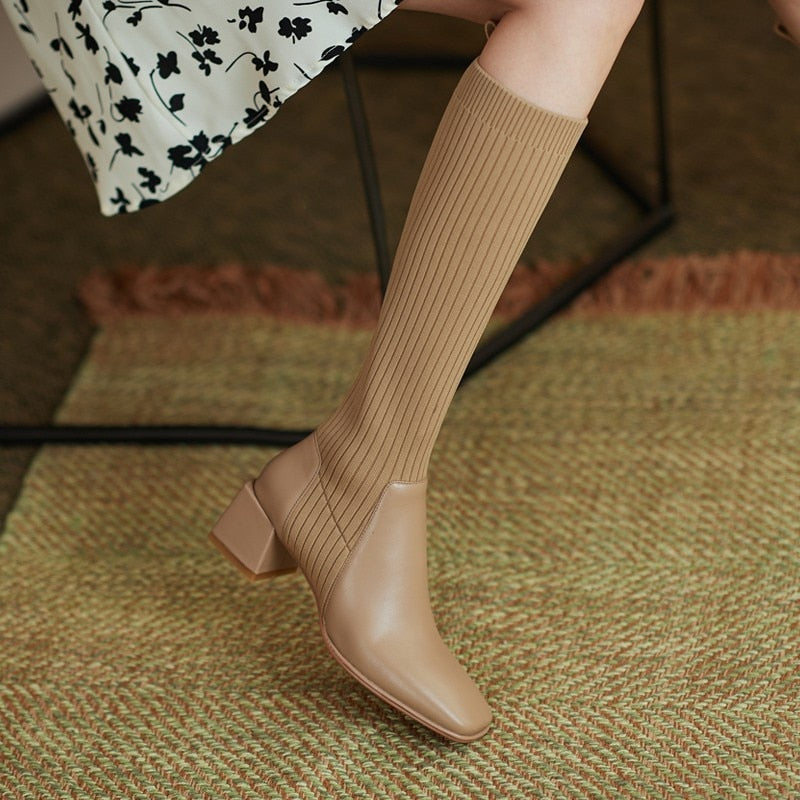 Knit Long Socks Boots for Women 2022 New Knee-high Stretch Knitted Square Heel High Boots Female Fashion Square Toe Socks Shoes