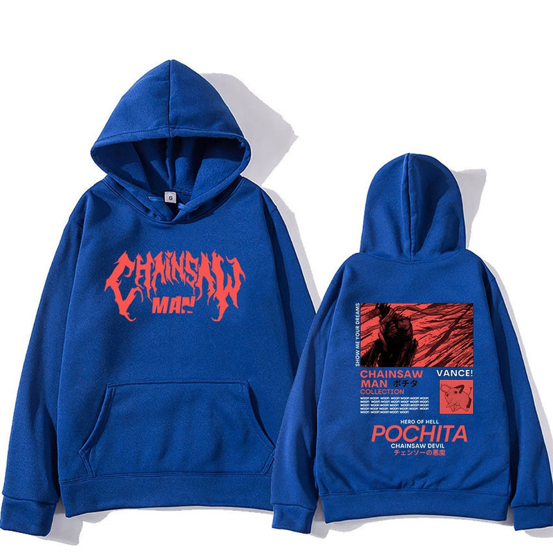 Chainsaw Man Pochita Hoodies Logo Letter Print Sweatshirts Manga Cartoon Graphic Streetwear Long Sleeve Gothic Mens Pullovers