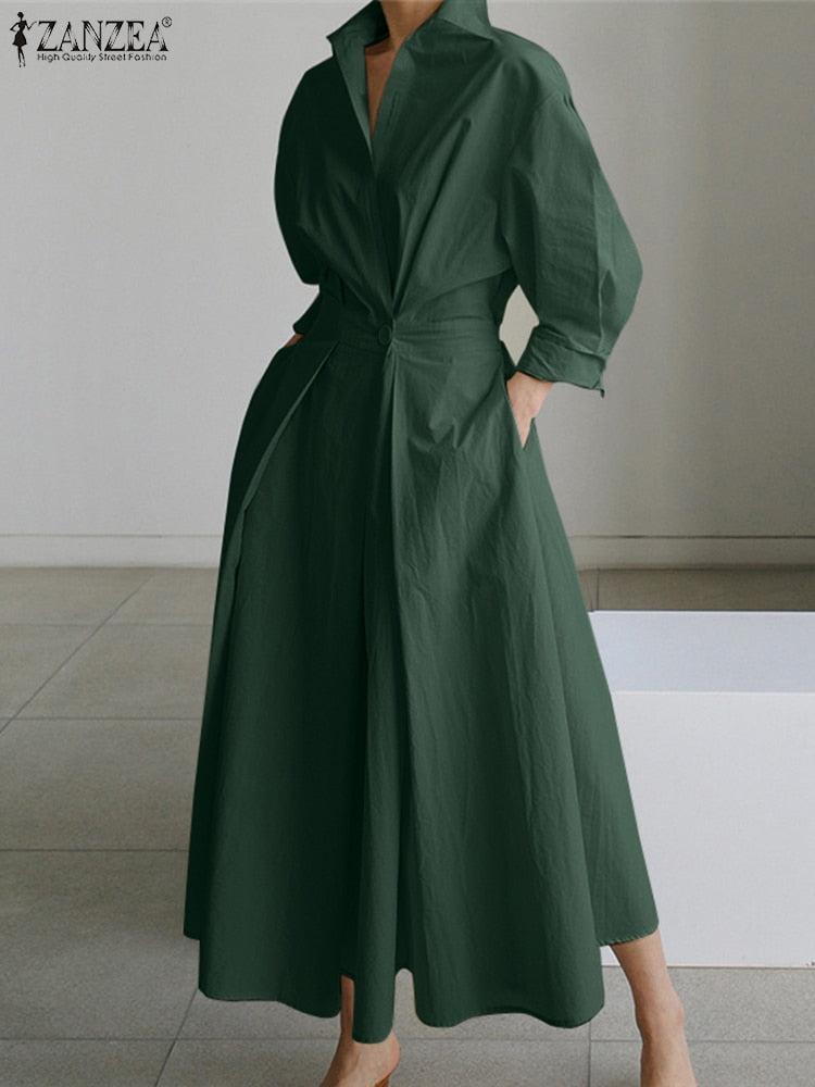 Oversized Elegant Women Spring Sundress ZANZEA Fashion Lapel Neck Long Sleeve Solid Long Shirt Dress OL Vestidos Robe Femme