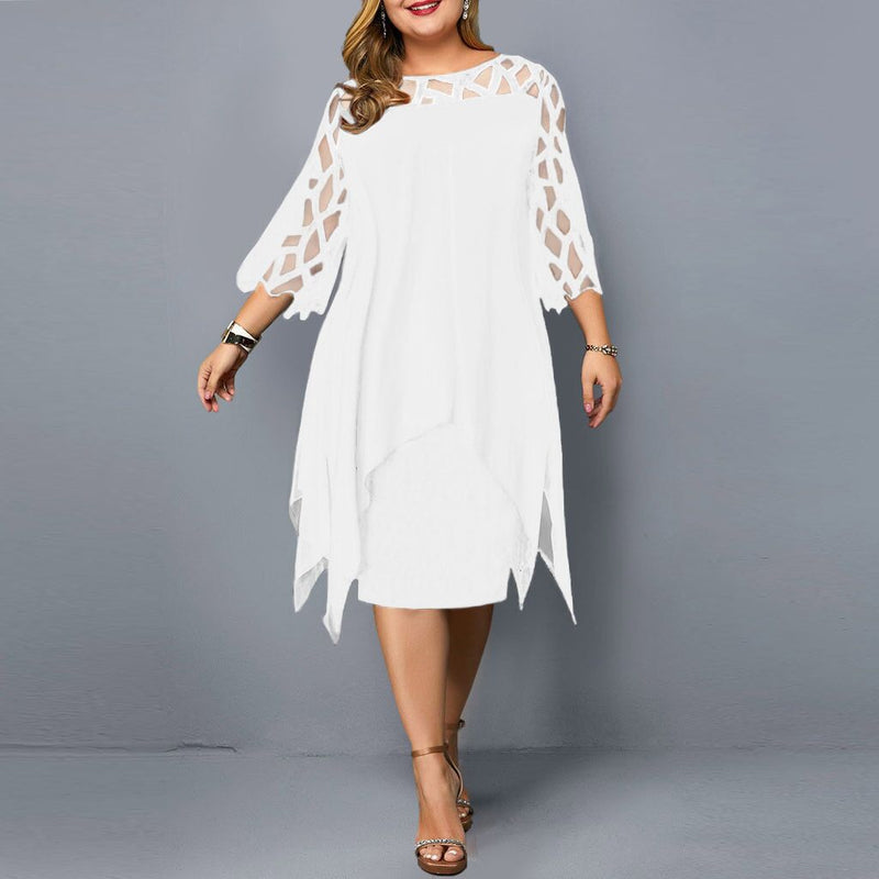 Elegant Midi Party Dress For Chubby Women Xxl O Neck Lace Sleeve Hollow Out Solid Sexy Women&