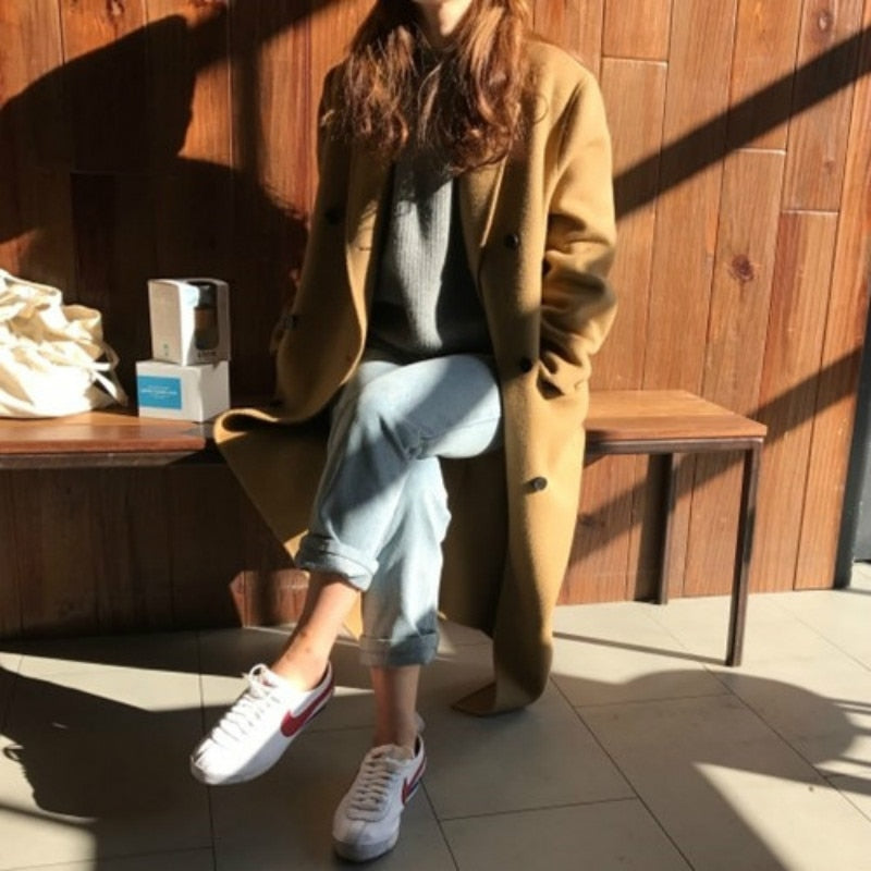 Korean Women Winter Long Wool Coat Jacket Female Woolen Overcoat Long Sleeve Double Breasted Outerwear