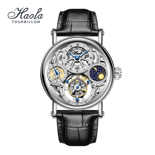 Haofa Skeleton GMT Tourbillon Movement Mens Watch Sapphire Mechancial Tourbillon Wristwatches Day And Night Moonphase Watch 1601