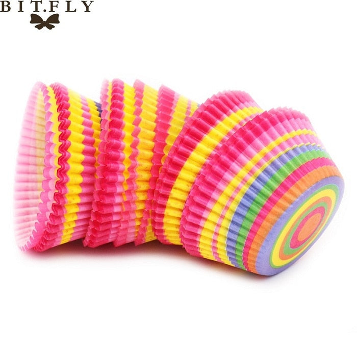 BITFLY 100Pcs Rainbow Cupcakes Paper Liners Muffin Cases Cupcake Topper Tray Baking Accessories Pastry Decoration Kitchen Tools