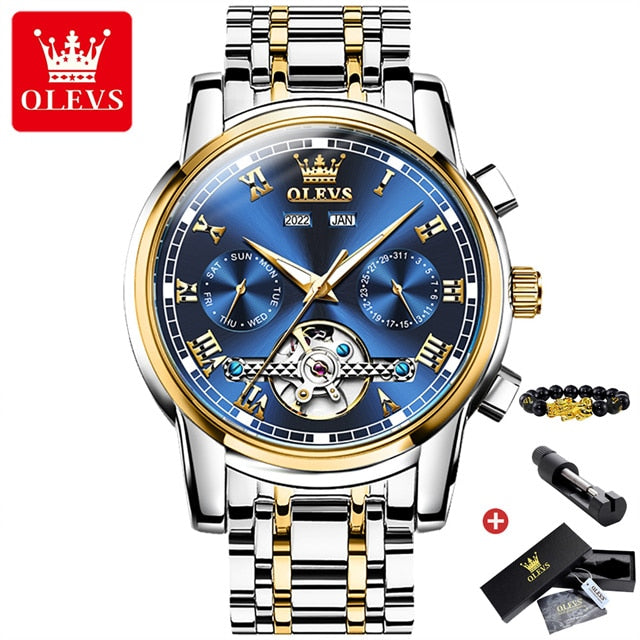 OLEVS Automatic Mechanical Watch for Men Date Calendar Skeleton Wristwatch Stainless Steel Classic Business Men&