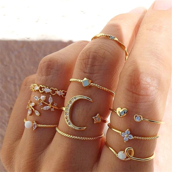 LATS Bohemian Gold Color Chain Rings Set for Women Fashion Boho Coin Snake Moon Star Rings Party 2022 Female Trend Jewelry Gifts