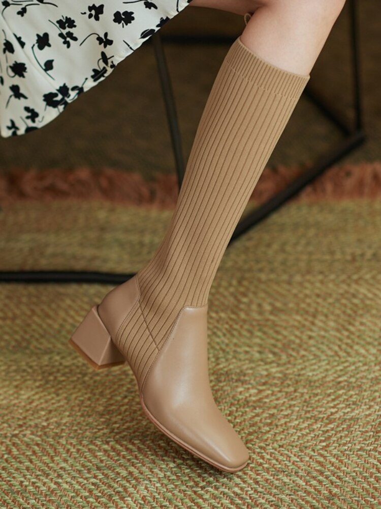 Knit Long Socks Boots for Women 2022 New Knee-high Stretch Knitted Square Heel High Boots Female Fashion Square Toe Socks Shoes