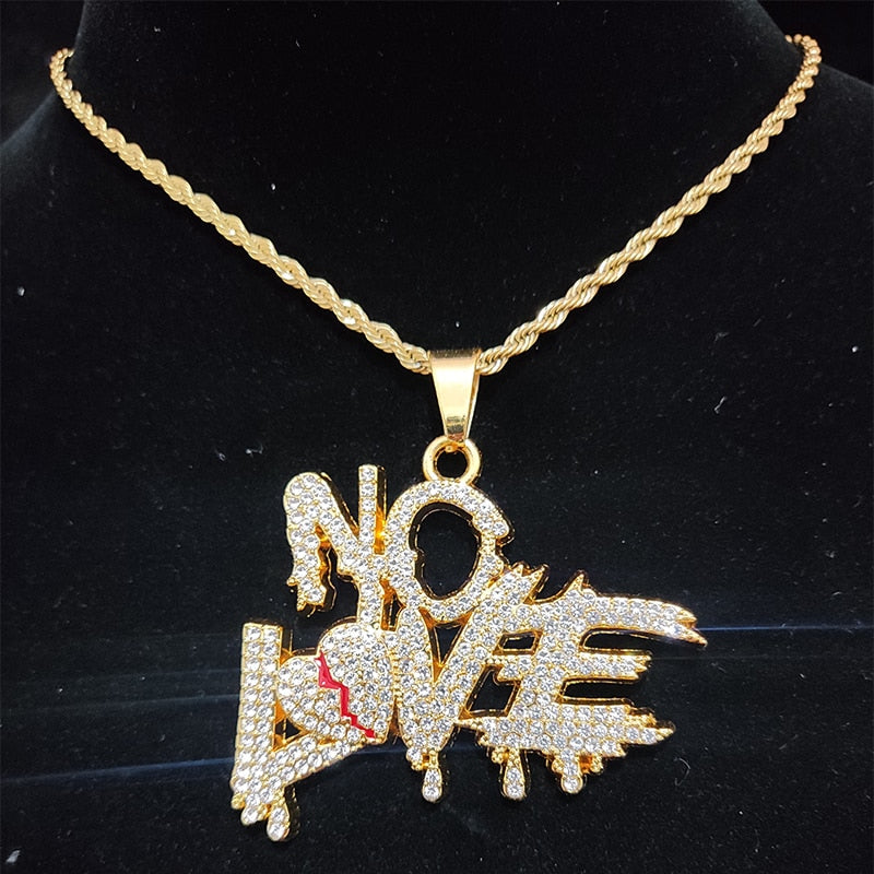 Hip Hop Cuban Chains NO LOVE Necklace Pendants for Men and Women Heart Broke Statement Necklaces Jewelry Iced Out Bling Chain