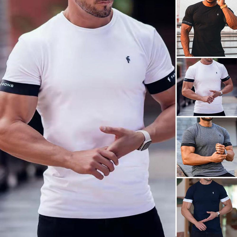 Summer Casual Men T-shirt Short Sleeve Contrast Color O Neck Slim Fit Male Sports Oversized Tops for Gym Streetwear