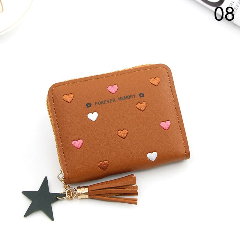 Heart-shaped Spots Women Mini Tassel Wallet Ladies Cute Girl Short Zipper Lovely PU Leather Coin Purse Female Money Bag