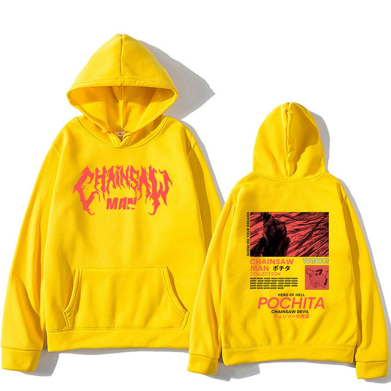 Chainsaw Man Pochita Hoodies Logo Letter Print Sweatshirts Manga Cartoon Graphic Streetwear Long Sleeve Gothic Mens Pullovers