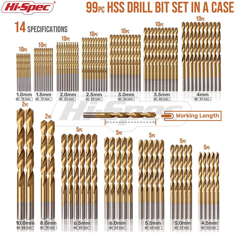 Hi-Spec Multi Drill Bit Set Titanium Twist Drill Bits Anti-Walking Conventional 118°Tip High Speed Steel Drill Bits In A Box