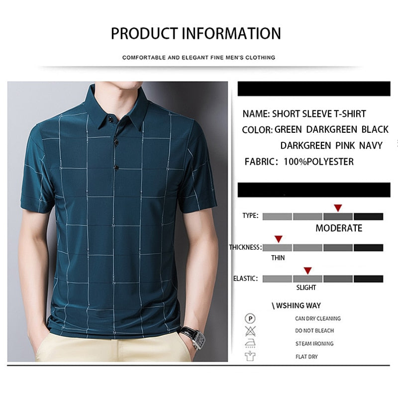 BROWON New Graphic T-shirt Men Summer Business Short Sleeved T-shirt Casual Loose Plaid Turn-down Collar T Shirts for Men