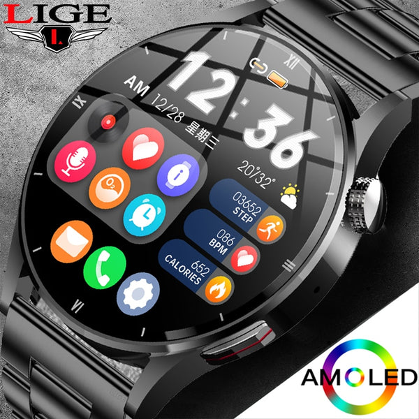 Lige Watch For Men Smart Watch AMOLED HD Screen Body Temperature Detection Ai Smart Voice Smartwatch 2022 Bluetooth Call Clock