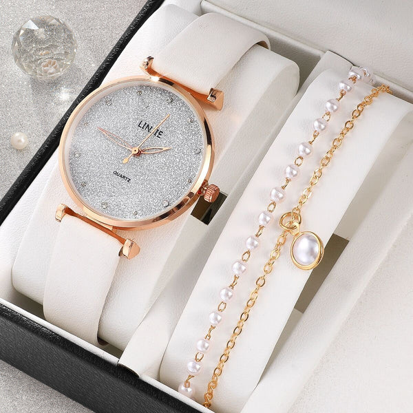 Ladies Watch Set Fashion Starry Dial Bracelet Women&#39;s Leather Strap Quartz Girl&#39;s WristWatch（No Box）