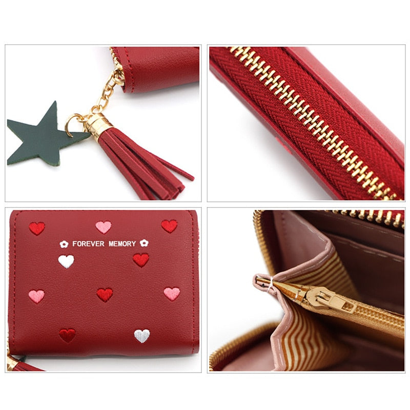 Heart-shaped Spots Women Mini Tassel Wallet Ladies Cute Girl Short Zipper Lovely PU Leather Coin Purse Female Money Bag