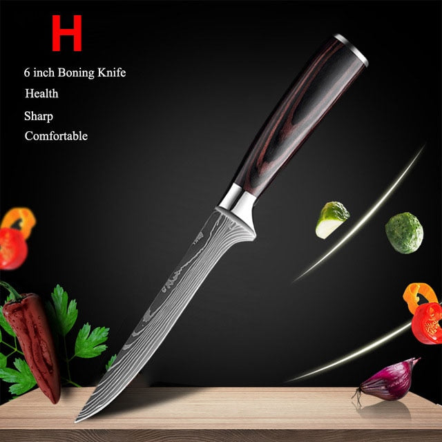 Japanese Kitchen Knife Set Laser Damascus Pattern Stainless Steel  Sharp Cleaver Slicing Utility Knives Kitchen Tools