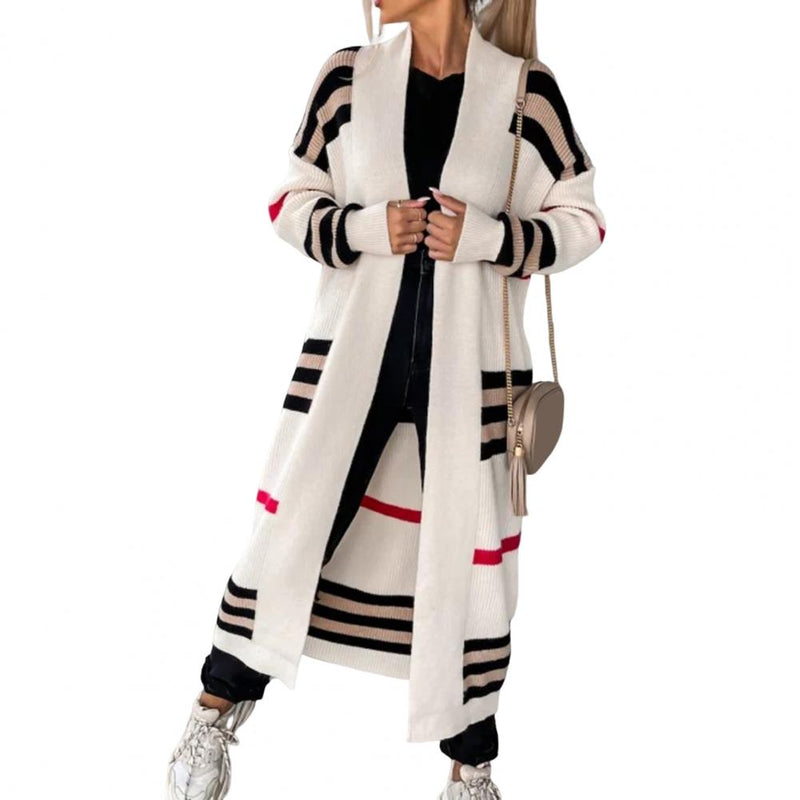 Autumn Winter Knitted Cardigan Women Striped Patchwork 2022 Elegant Loose Long Outerwear Maxi Y2k Sweater Coat Soft Jacket