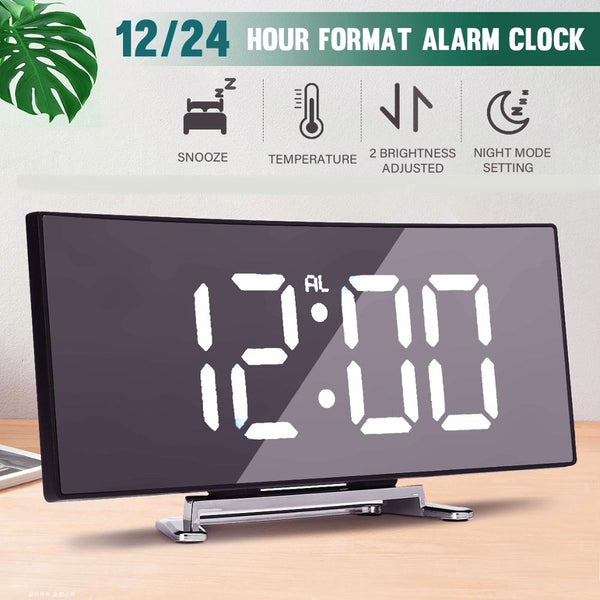 Led Alarm Clock Digital Child Electronic Alarm Clocks Curved Screen Mirror Temperature Clock with Snooze Function Desk Clock