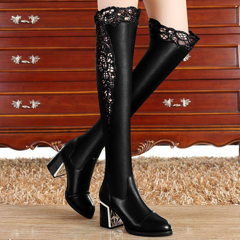 Women Embroidered Lace Knee Bare Boots Square High Heel Casual Long Tube Booties Lady Sexy Over Knee Thigh High shoes lady