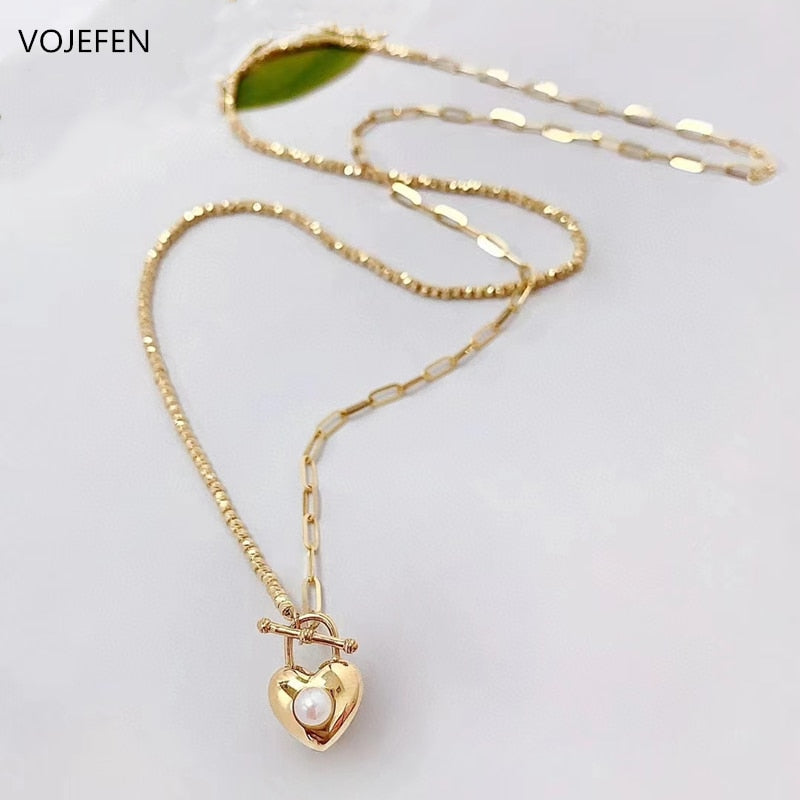 VOJEFEN Original 18K Gold Heart Pendant Necklace Jewelry For Women Pearl Pendant Beads Double Chains Link Dainty Necklace Luxury