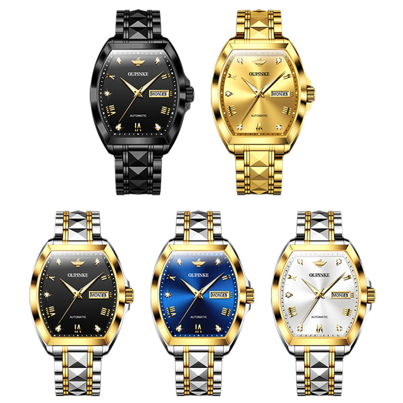 OUPINKE Men Gold Luxury Dress Watches Automatic Mechanical Tonneau Sapphire Crystal Tungsten Steel Date Waterproof Luminous Gift