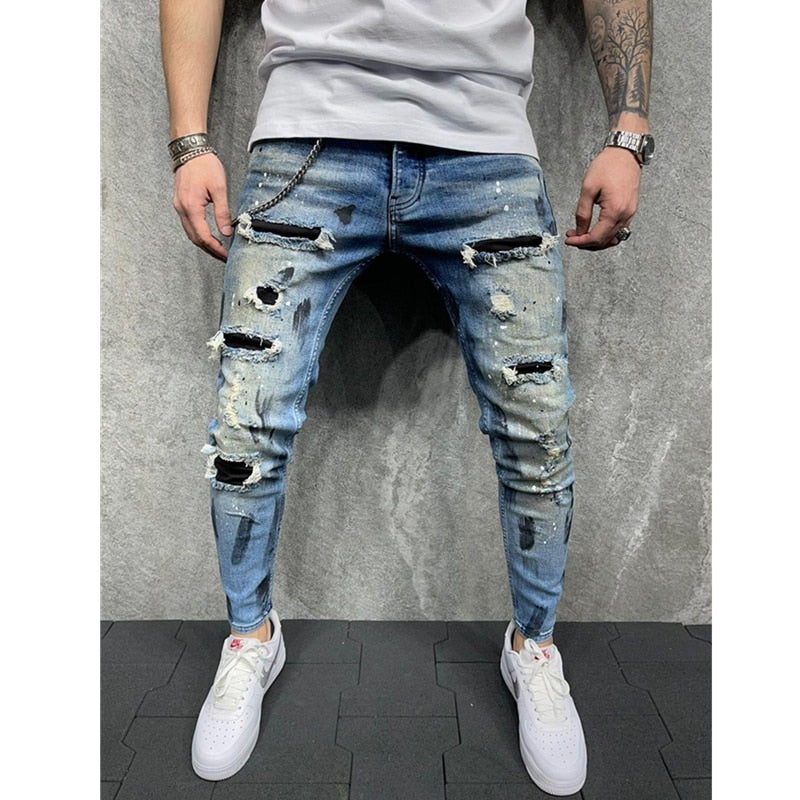 2022 Skinny Jeans Men Painted Stretch Slim Fit Ripped Distressed Pleated Knee Patch Denim Pants Brand casual trousers