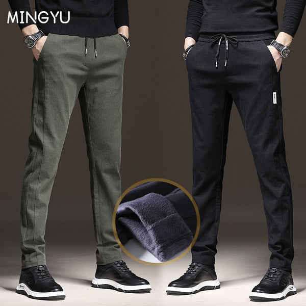 Winter Men&#39;s Fleece Pants Fashion Classic Drawstring Elastic Waist Jogging Thick Warm Stretch Flocking Casual Grey Trousers Male