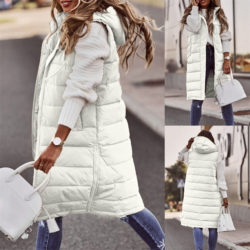 Cotton Coat Women Sleeveless Light Thin Long Slim Hooded Waistcoat 2022 Autumn Winter New Fashion Temperament White S-5XL Coats