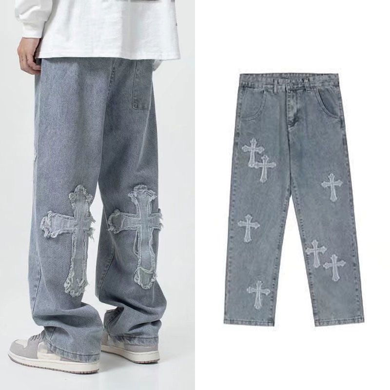 New Embroidered Jeans Men Straight Loose Wide-leg Pants Spring and Autumn Korean Fashion High Street Hip Hop Style Male Trousers