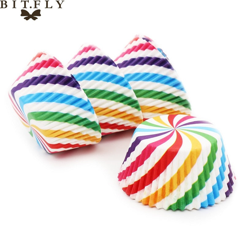 BITFLY 100Pcs Rainbow Cupcakes Paper Liners Muffin Cases Cupcake Topper Tray Baking Accessories Pastry Decoration Kitchen Tools