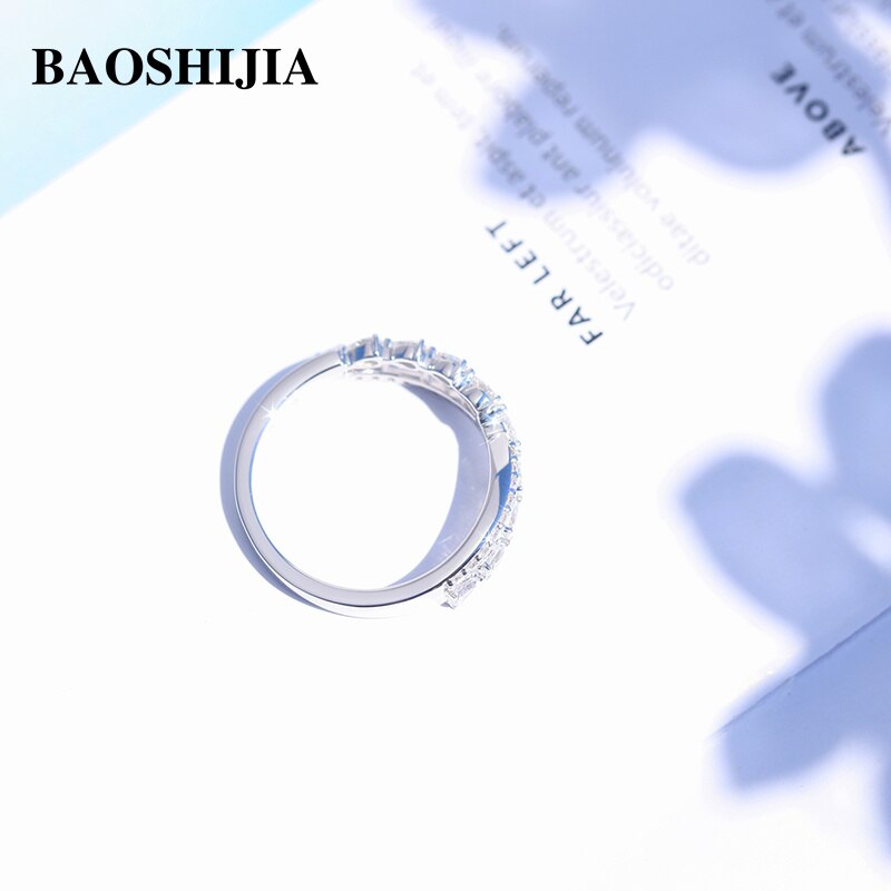 BAOSHIJIA Solid 18K White Gold X-Shaped Waterdrop SI Diamond Ring Engagement Cross Women&