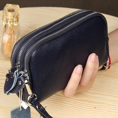 MJ Women Long Wallet Genuine Leather 3-Layer Zipper Purse Bag Large Capacity Wristlet Clutch Wallets Phone Bag Money Purses