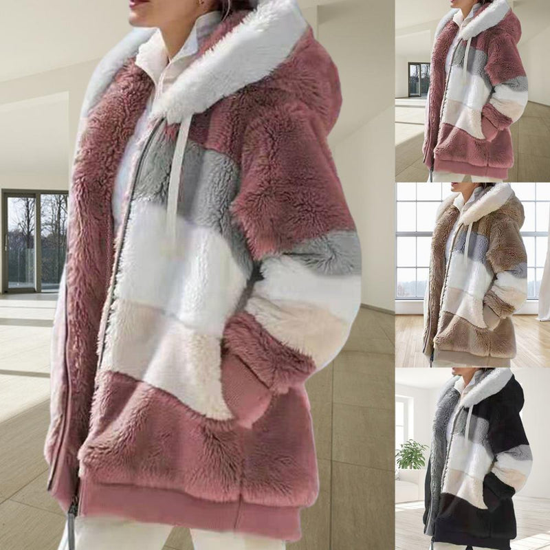 Jacket Autumn Winter Long Sleeve Warm Women Color Block Zipper Fluff Hooded Coat Jacket