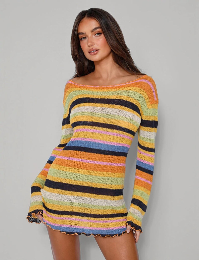 Fashion Women Dress Long Sleeve Round Neck Wrapped Tight Club Prom Birthday Celebrity Party Knit Striped Midi Dress Beachwear