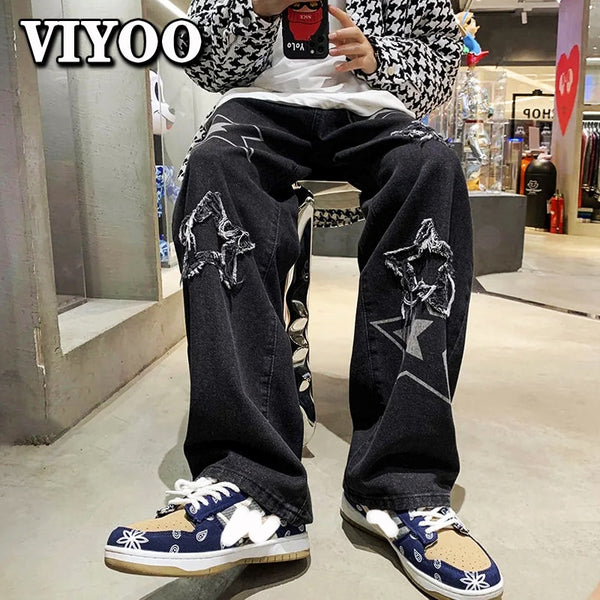 Vintage Women&#39;s Men&#39;s Korean Denim Pants Y2K Cltohes Streetwear Printed Patchwork Male Baggy Jeans Straight Trousers For Men