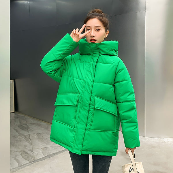 Autumn Winter Thicken Warm Medium Long Chic Parka Women Casual Sweety Solid Color Big Pocket Loose Hooded Coat Jackets Outwear