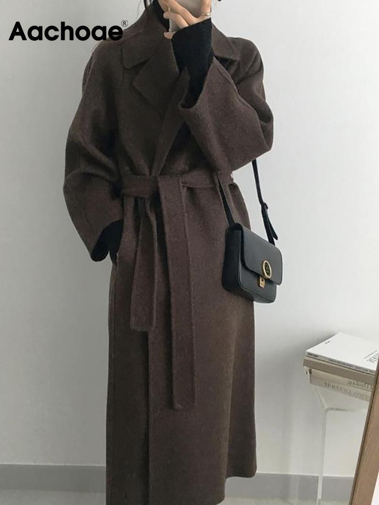 Aachoae Women Elegant Long Wool Coat With Belt Solid Color Long Sleeve Chic Outerwear Ladies Drop Shoulder Overcoat 2022