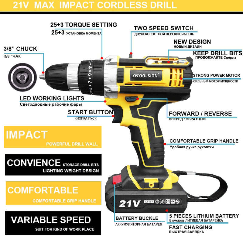 OTOOLSION New 21v Impact Electric Drill Variable Speed Impact Electric Screwdrivers 1500MAh Cordless Drill Lithium Battery