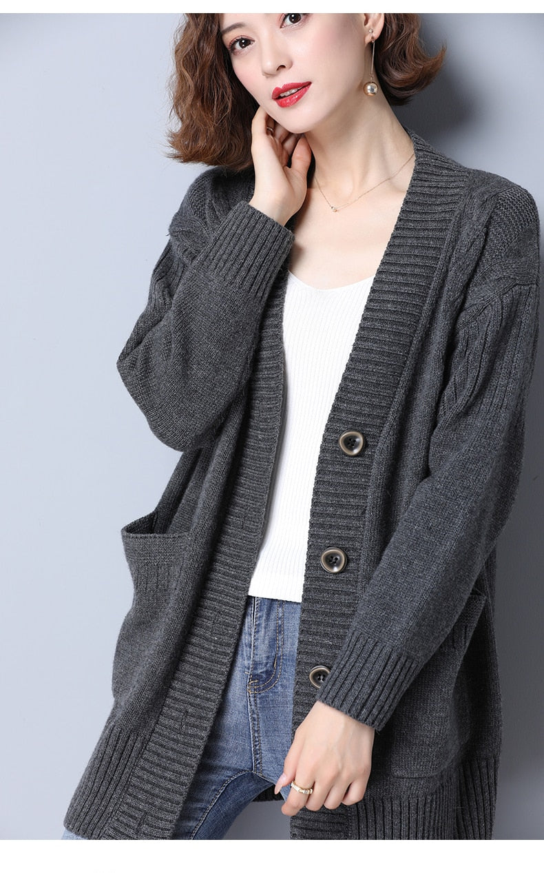 2022 Autumn Loose Cardigans Casual Vintage Women Knitted Sweaters Fashion Korean Long Sleeve Knitwear Female Solid V-neck Casual