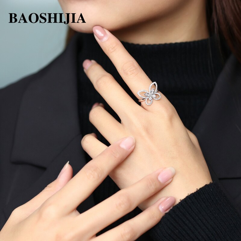 BAOSHIJIA Butterfly Eternity Diamond Ring Unique Solid 18k White Gold Beautiful Luxury Jewelry Wedding Handcrafted