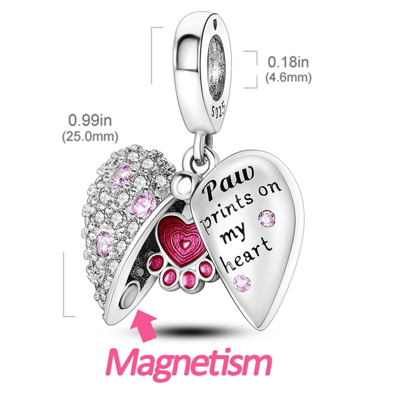 2022 925 Sterling Silver Charm Bead Heart Shaped Paw Print Magnetic Pendant Fits Brand Bracelet Necklace For Women Wedding Gift