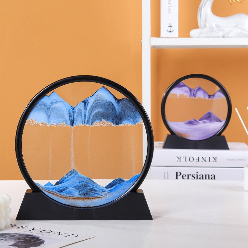 Moving Sand Art 3D Hourglass Circular Glass Dynamic Liquid Quicksand Desert 7/12 Inch Flowing Frame for Home Decor