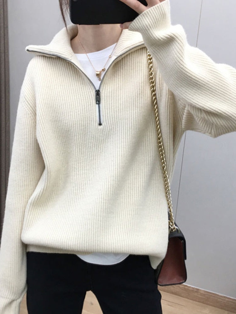 Women Sweater Oversize Zipper Knitted Pullover Long Sleeve Solid Color Loose Ladies Sweaters Autumn Winter Women&