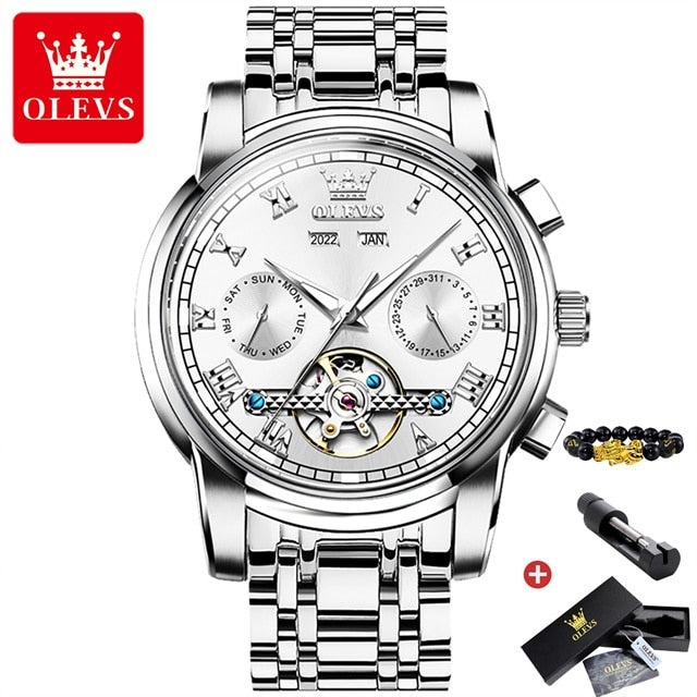 OLEVS Automatic Mechanical Watch for Men Date Calendar Skeleton Wristwatch Stainless Steel Classic Business Men&